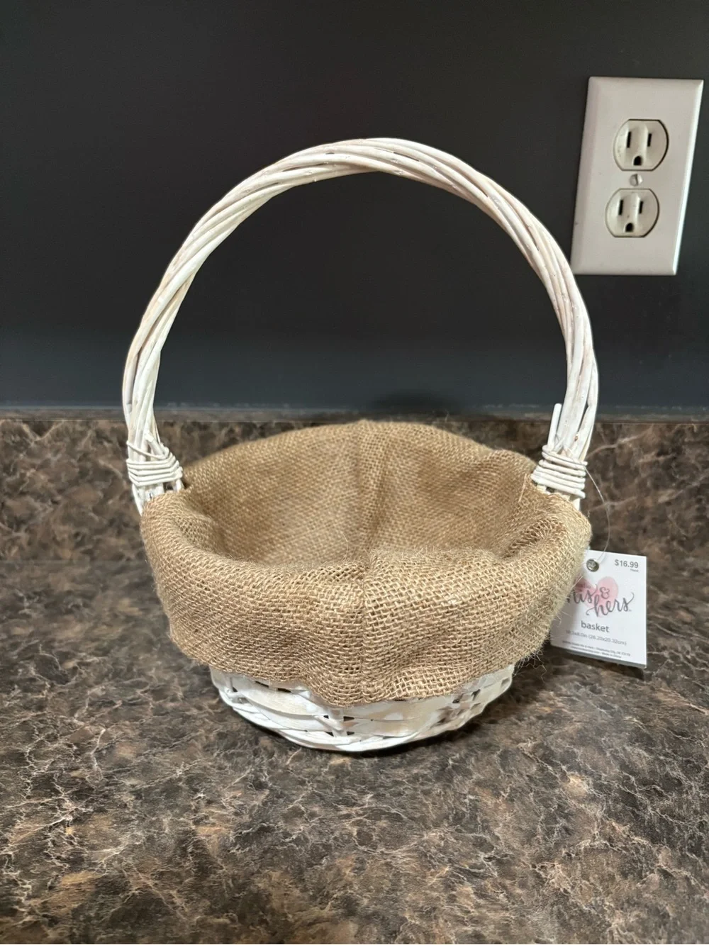 Rustic White Wicker Basket with Burlap Liner - wedding Supplies